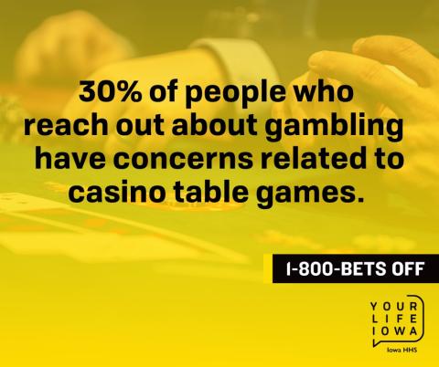 Infographic that says "30 percent of people who reach out about gambling have concerns related to casino table games."